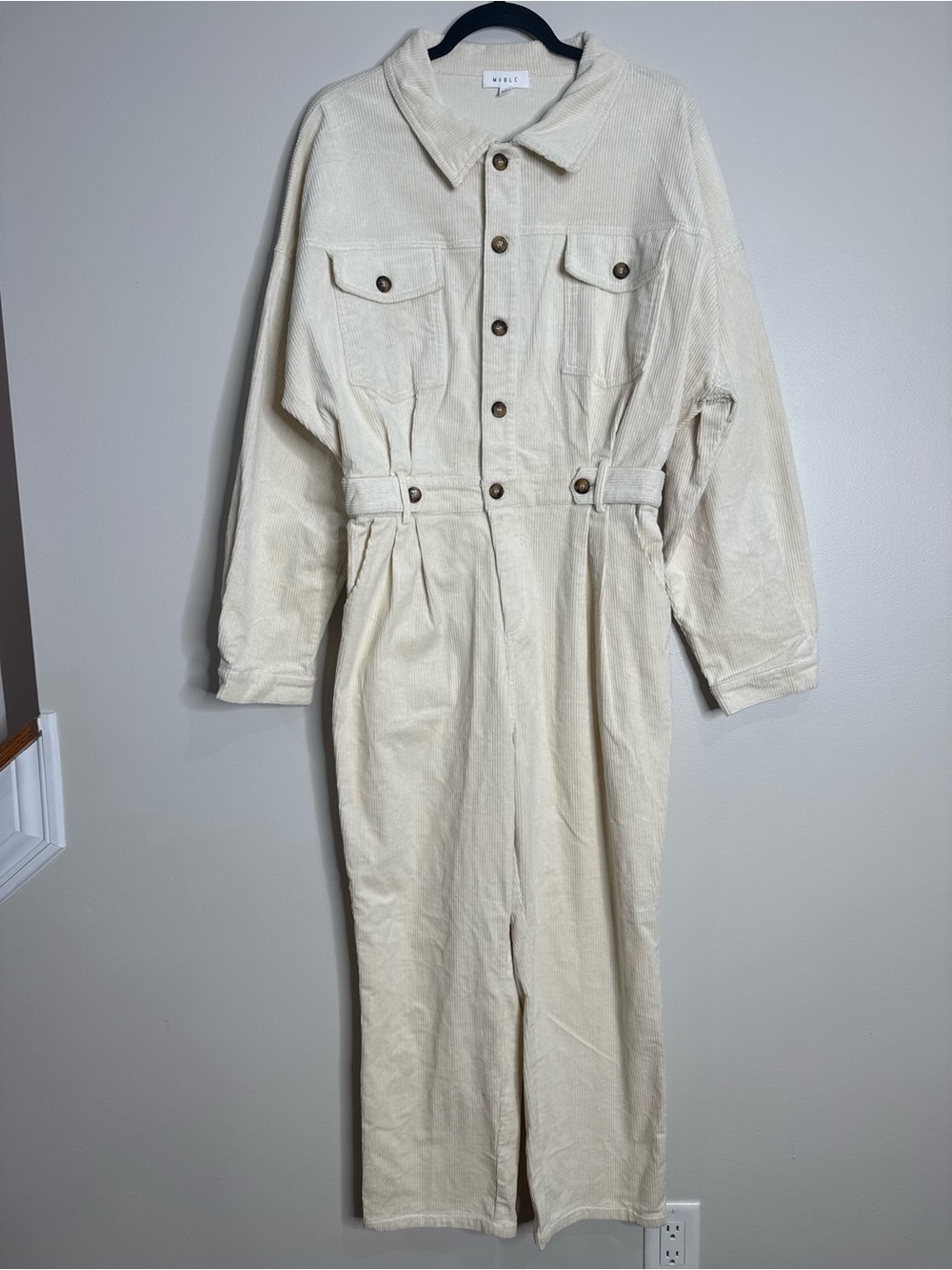 Mable Cream Corduroy Long Sleeve Collared Jumpsuit Utility Neutral Size Large